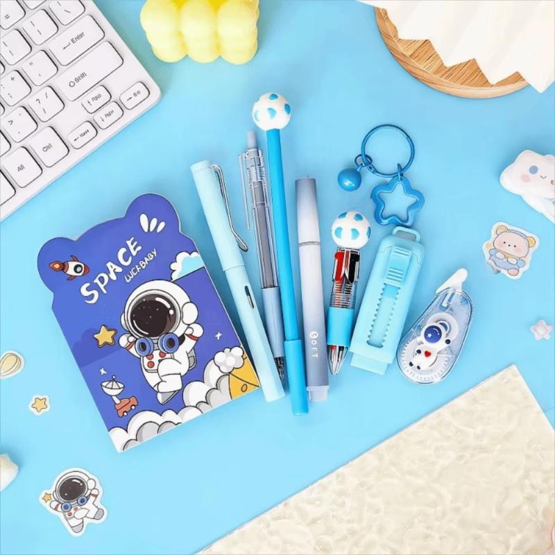 1Set Cartoon School Stationery Set Pens Stick Note Student Tools Gift Kit Eraser Large Capacity Learning Gift Box