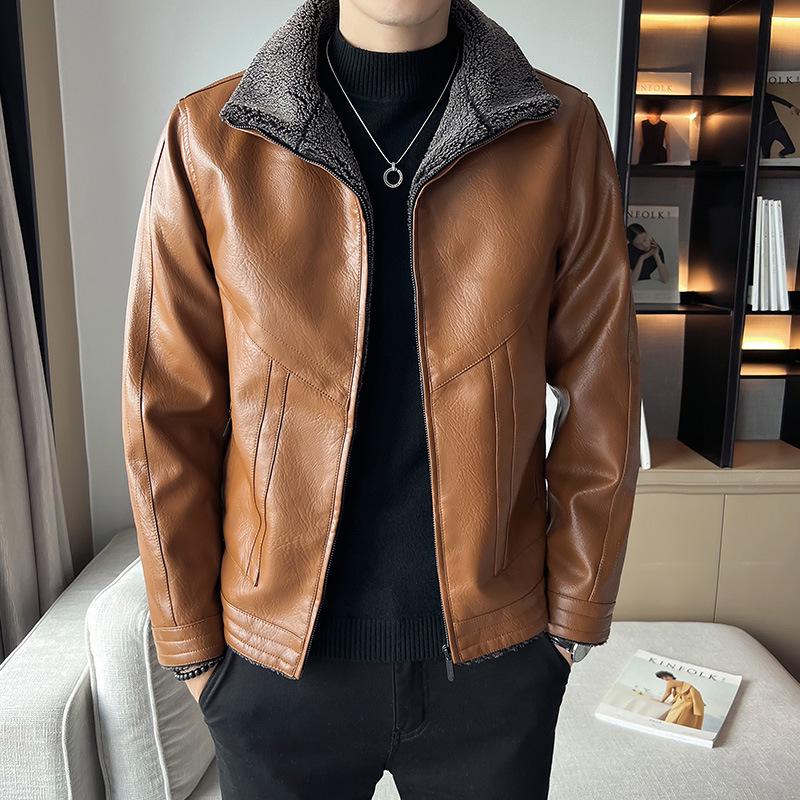 

Men s Retro Stand-Up Collar Leather Motorcycle Jacket for Autumn/Winter - Trendy, Cool, Short, and Plus Velvet M хакі