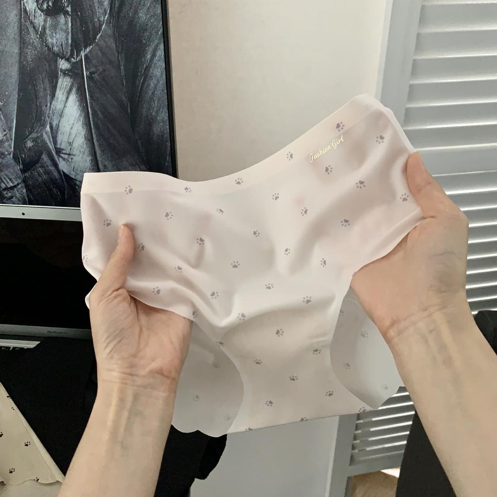Ladies Summer Cat Footprints Print Ice Leather Quick Drying Peach Hip Non Hip Hip Mid Low Waisted Briefs