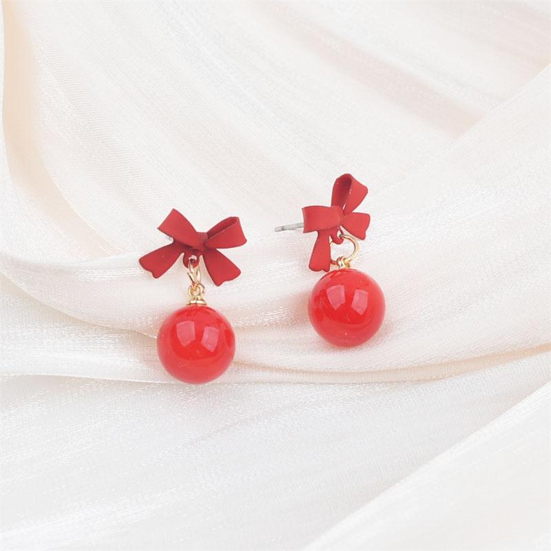 Black Red Bowknot Elegant Hanging Earrings Imitation Pearl Ball Pendants Korean Fashion Sweet Small Earrings Brincos 2025 New