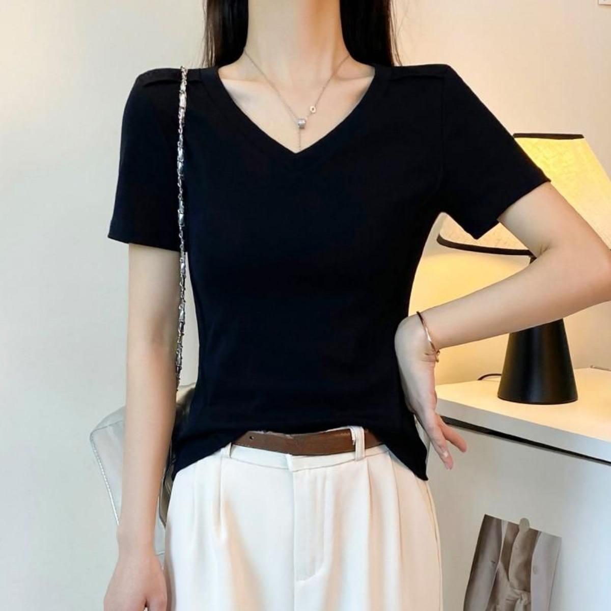 

Весна и лето Senior Sense с V-образным вырезом, короткими рукавами и открытыми плечами, женская футболка, утягивающая рубашка, тонкая белая блузка с талией L чёрный