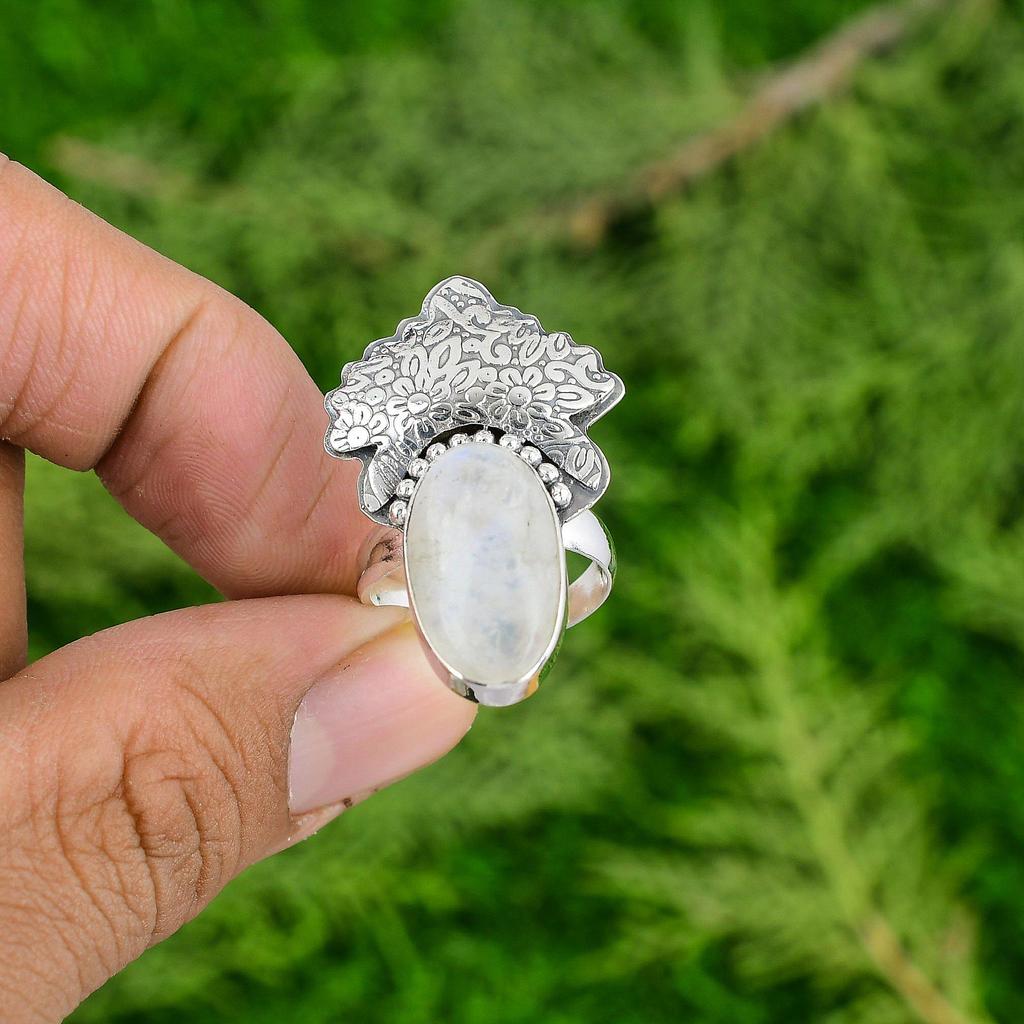925 Sterling Silver Rainbow Moonstone Stone Bezel Statement Crown Chakra Ring