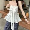 Sweet Wind White Bow Strap Tube Top Women's Summer French Ruffle Edge Chic Waist Slim Top