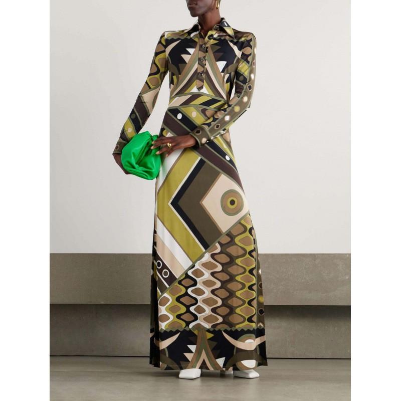 Womens Winter Printed Turn-Down Collar Long Sleeve Split Hem Midi Dress High Waist Cotton Small
