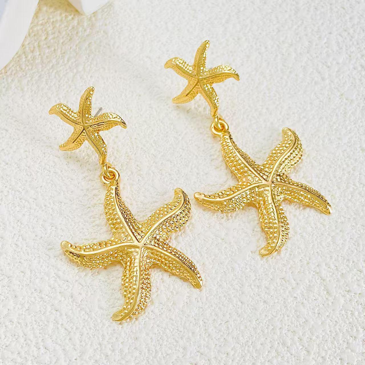 Trendy Rhinestone Starfish Shell Dangle Earrings - Colorful, Fashionable Large Studs