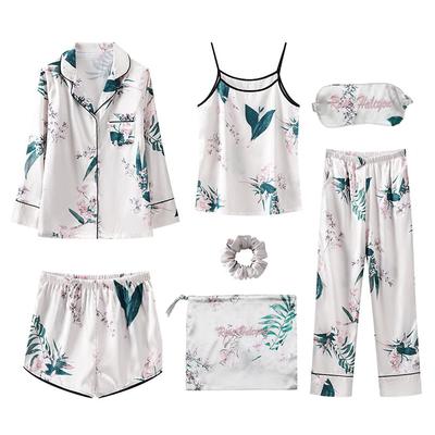 Rose Halcyon Satin Pajama Cute Long and Perfect for and Summer Green Women's 7-Piece Set, Sleeves, Pants, Camisole, Fall, Spring, (XXL, Leaf)