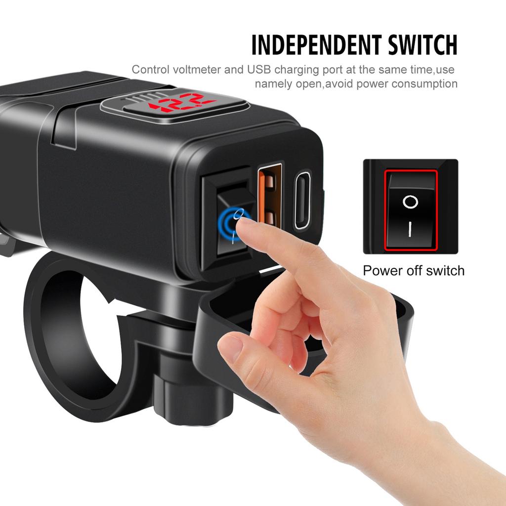 Motorcycle USB Charger Type C Charger Fast Charging QC3.0 with Voltmeter ON Off Switch for Phone Tablet