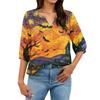 Women's Casual V Neck Button Front Three Quarter Sleeve T Shirt Halloween Print Lightweight Blouse for Everyday Wear and Seasonal Outfits