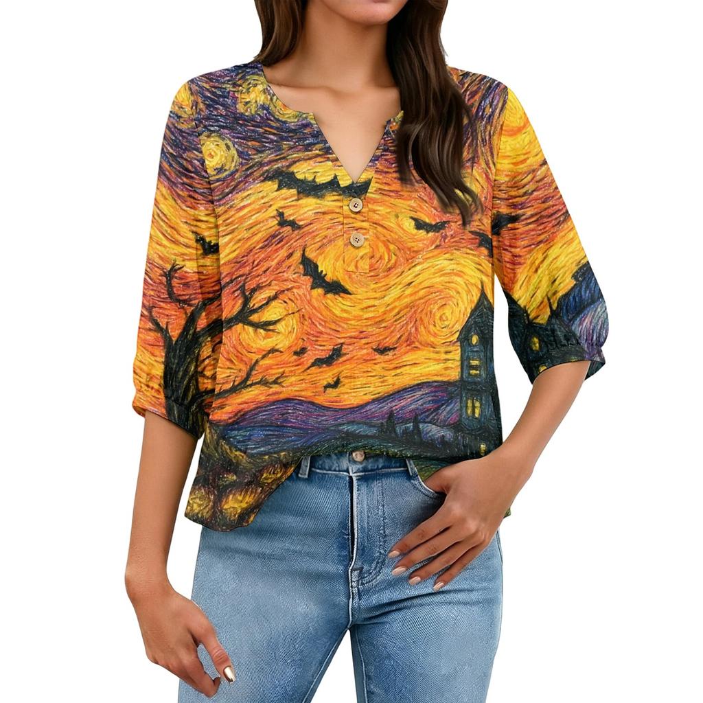 Women's Casual V Neck Button Front Three Quarter Sleeve T Shirt Halloween Print Lightweight Blouse for Everyday Wear and Seasonal Outfits