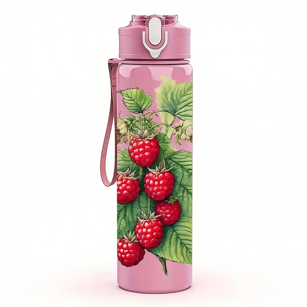 1PC Red Berry Fruit Branch Plant Print 750ml Color Plastic Sports Water Bottle Leakproof Flip Straw Lid Suitable for Sports Office Home Use