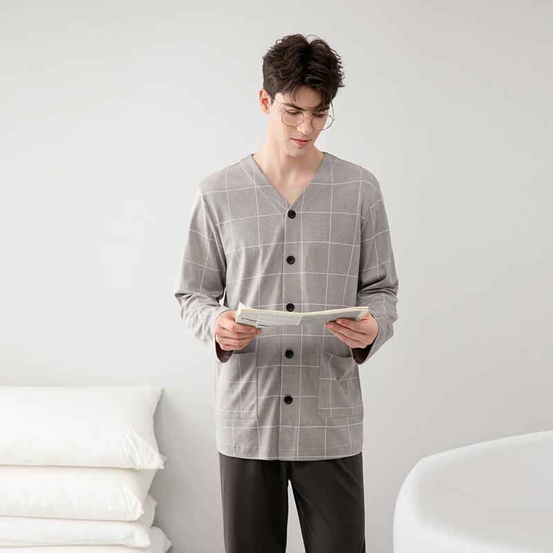 Fenteng Men's 100% Cotton V-Neck Long-Sleeve Loungewear Set