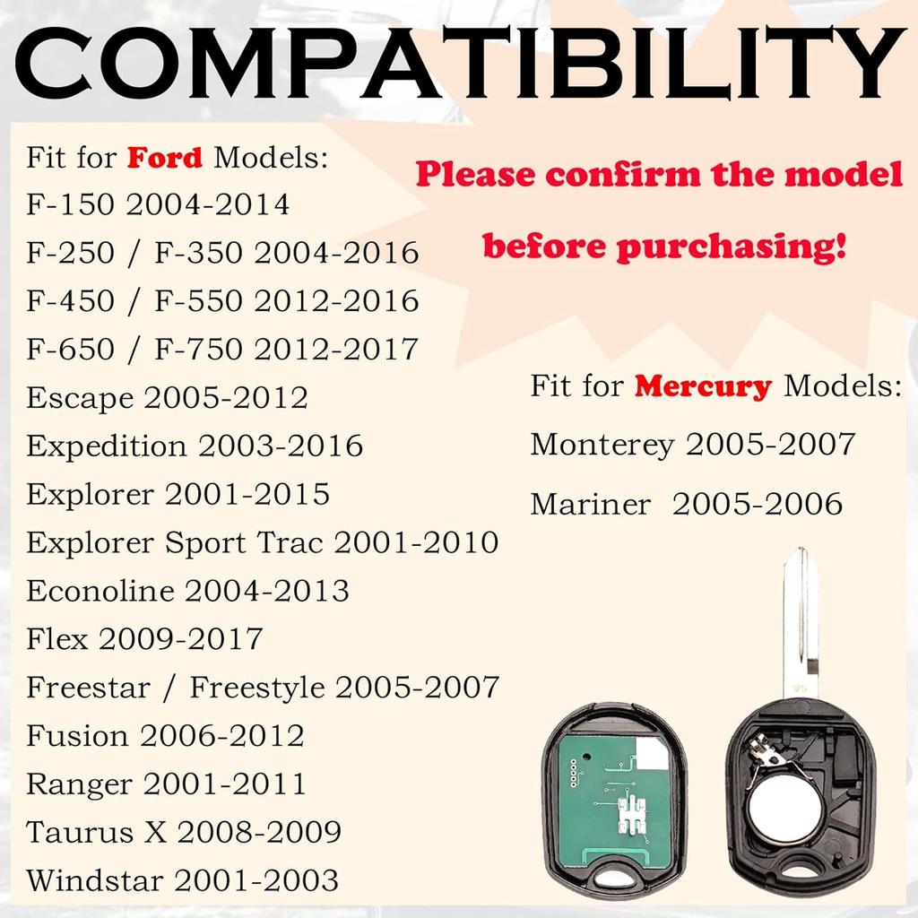 Keyless Entry Remote Control Key Fob Replacement Fits for 2004-2014 Ford F-150 F150 2004-2016 F-250 F250 F-350 F350 Super Duty Edge Explorer Escape