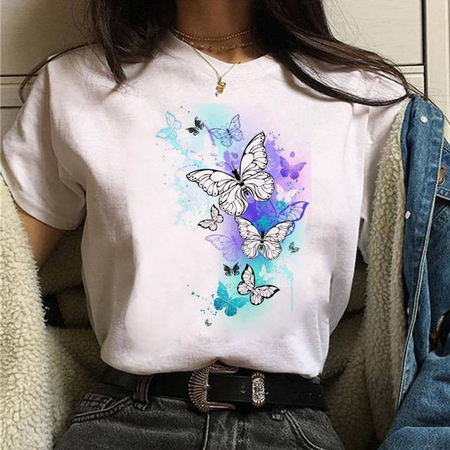 Women Tshirt Watercolor Butterfly Print Tshirt Summer Female Tops Casual Short Sleeve T-Shirts Harajuku Graphic Tee Cute T-Shirt
