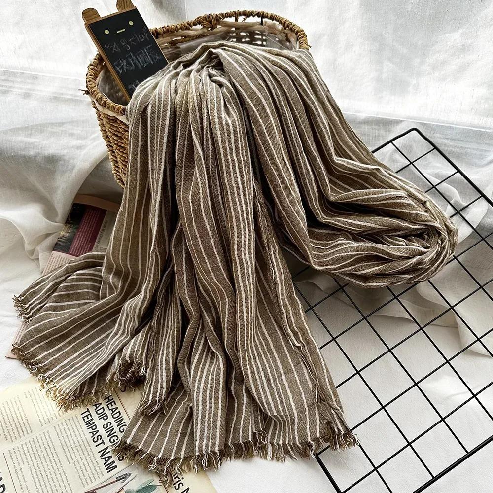 New 190*80cm Artistic Style Striped Cotton Linen Scarf Shawl Men's and Women's Same Style Mori Foulard En Mousseline Scarves