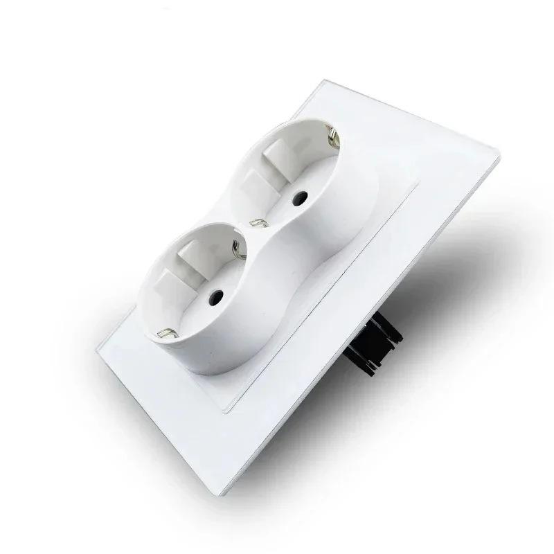 French Electrical Socket 16A 220V Double Wall Outlets Glass Crystal Panel 123*86mm New Built-in Plug Home Improvement