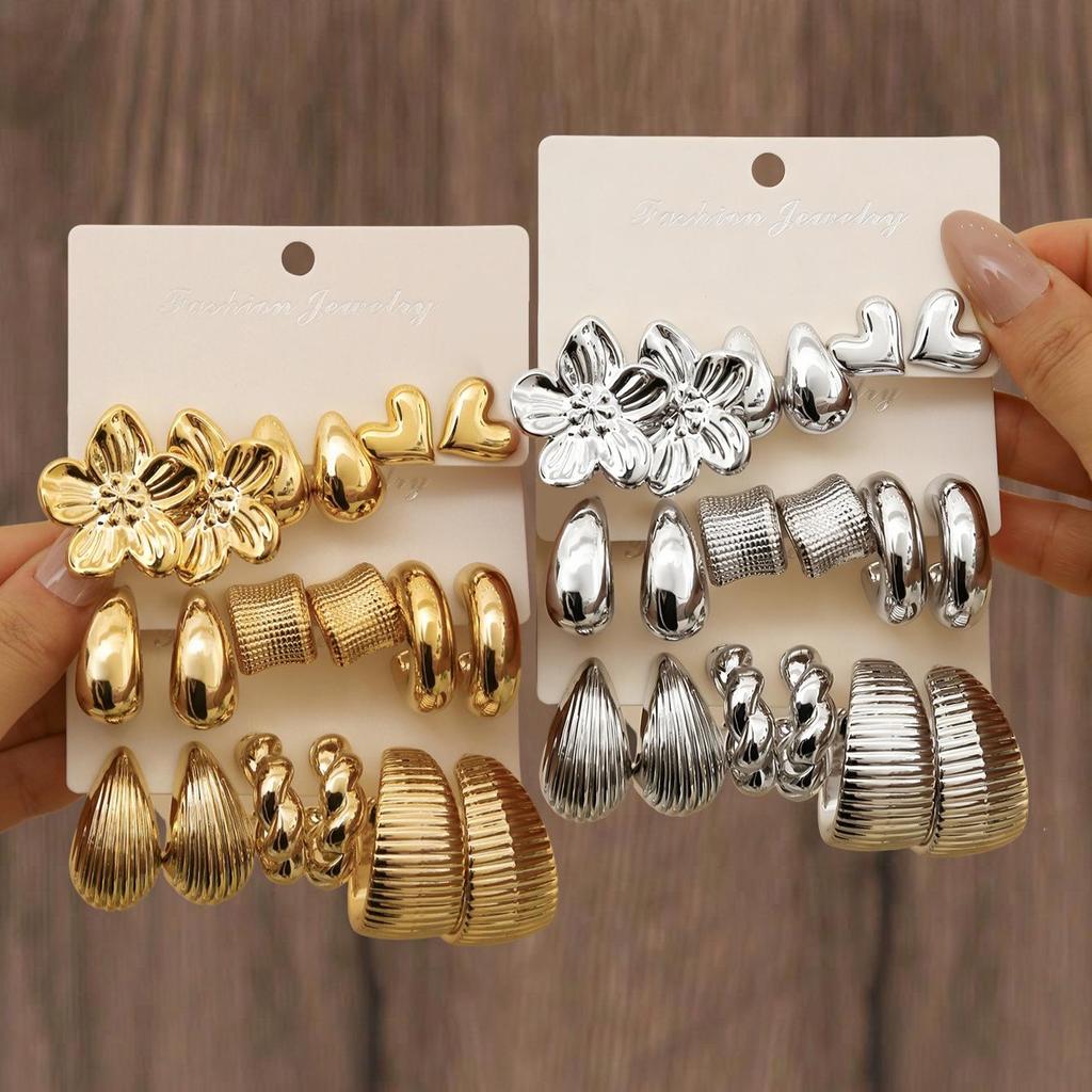 Vintage Geometric Flower & Heart C-Shaped Hoop Earring Set