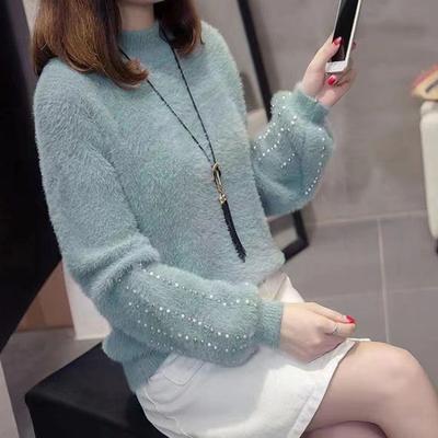 Pulover cu mâneci lungi pentru femei Toamnă Iarnă Pulover simplu Gât semi-înalt Imitație blană de nurcă Pulover tricotat delicat pentru femei