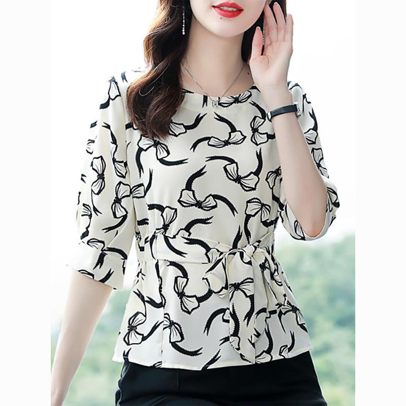 

Новый Летний Элегантный и Модный Стиль Круглый Вырез Принт Бант Пояс на Талии Приталенный Простой Повседневный Женская Рубашка L абрикосовый