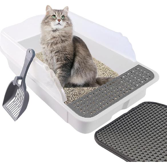 Open Cat Litter Box with High Side,Anti-Splashing Cats Litter Pan,Kitten Litter Box with Litter Sifter and Litter Mat,Semi-Enclosed Removable Kittens