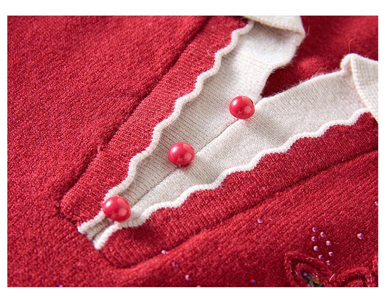 Elegant Embroidered Knit Lapel Sweater for Middle-Aged & Elderly Women - Autumn/Winter Style