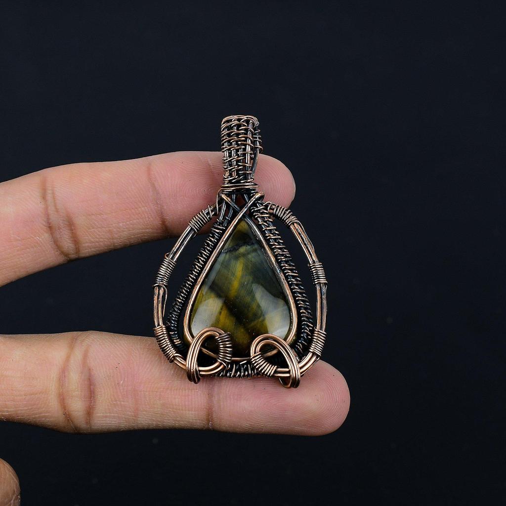 Blue Tiger Eye Pendant, 999 Copper Wire Wrapped Pendant Jewelry. Gift For Women Handmade Pendant Gemstone Jewelry