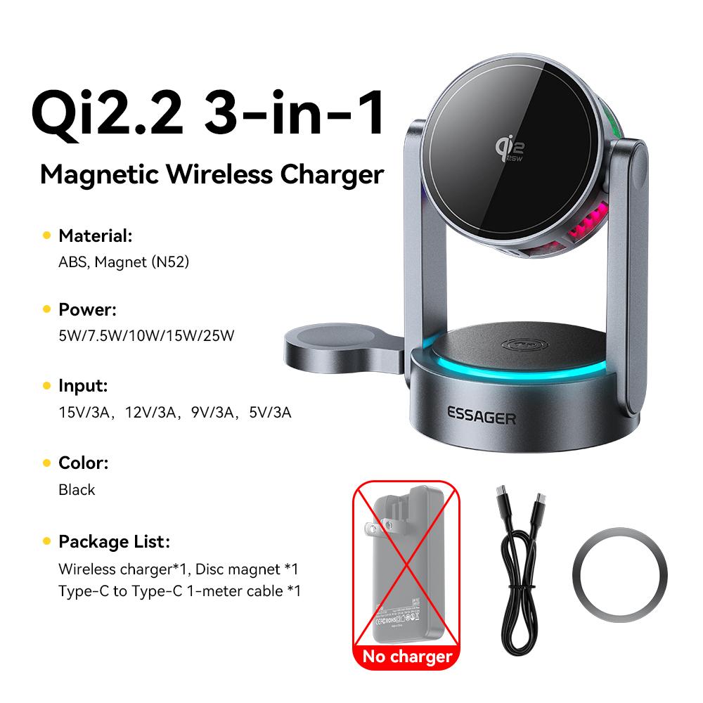 Essager 3 In 1 Magnetic Wireless Charger Qi2.2 25W Fast Charging Stand For iPhone 17 16 Pro Max  Apple