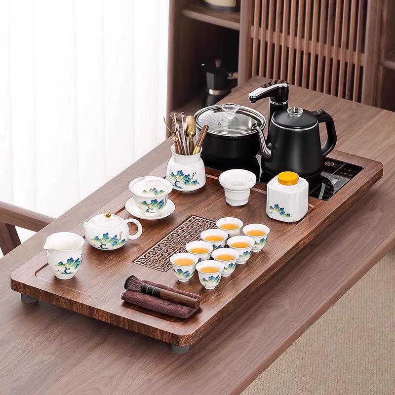 Jiakangming Ru Kiln Ceramic Tea Set with Auto-Heating Kettle & Wooden Tray