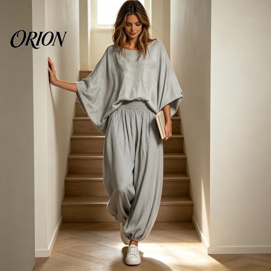 Loose Fit Women Set Women's 2 Piece Sets, Crew Neck Batwing Sleeve Top Two-piece And Lantern Pants Summer Travel Vacation Outfits with Pockets Suit