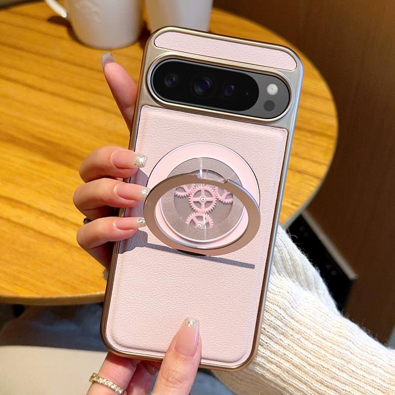 For Google Pixel 9 Pro XL Magnetic Case Rotating Kickstand Gear Stress Relief Leather Phone Back Cover