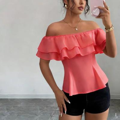 Letní nový styl Módní šifonový top s volánky na jedno rameno - Sexy krátký top s odhalenými rameny