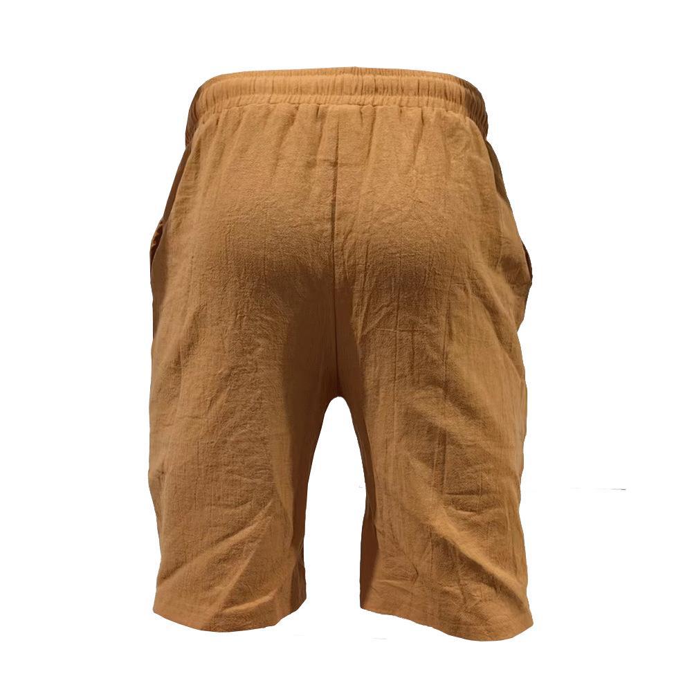 Men's Summer Cotton-Linen Shorts Drawstring Elastic Waistband Straight Leg Solid Color Breathable Casual Beach Shorts Mid-Length