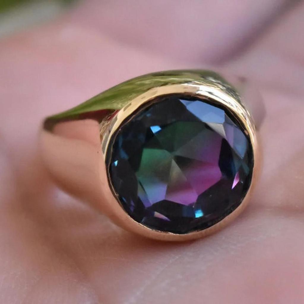 Round Alexandrite Quartz  925 Sterling Silver  Yellow Gold Filled Signet Ring