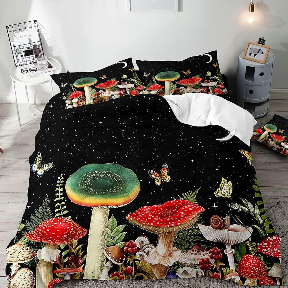 Trippy Mushroom Duvet Cover Set,Hippie Skull Bedding Set,Butterfly Moth Moon Phase Constellation Astrology Botanical Boho Theme
