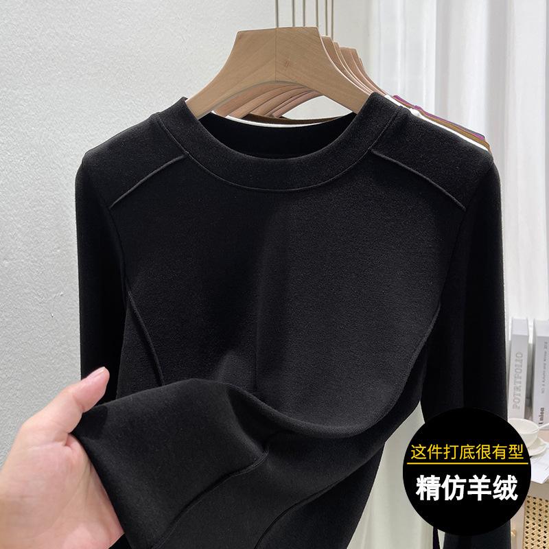 

Autumn and winter new crew neck bottoming shirt for women with velvet warm long-sleeved women s imitation cashmere top M чёрный