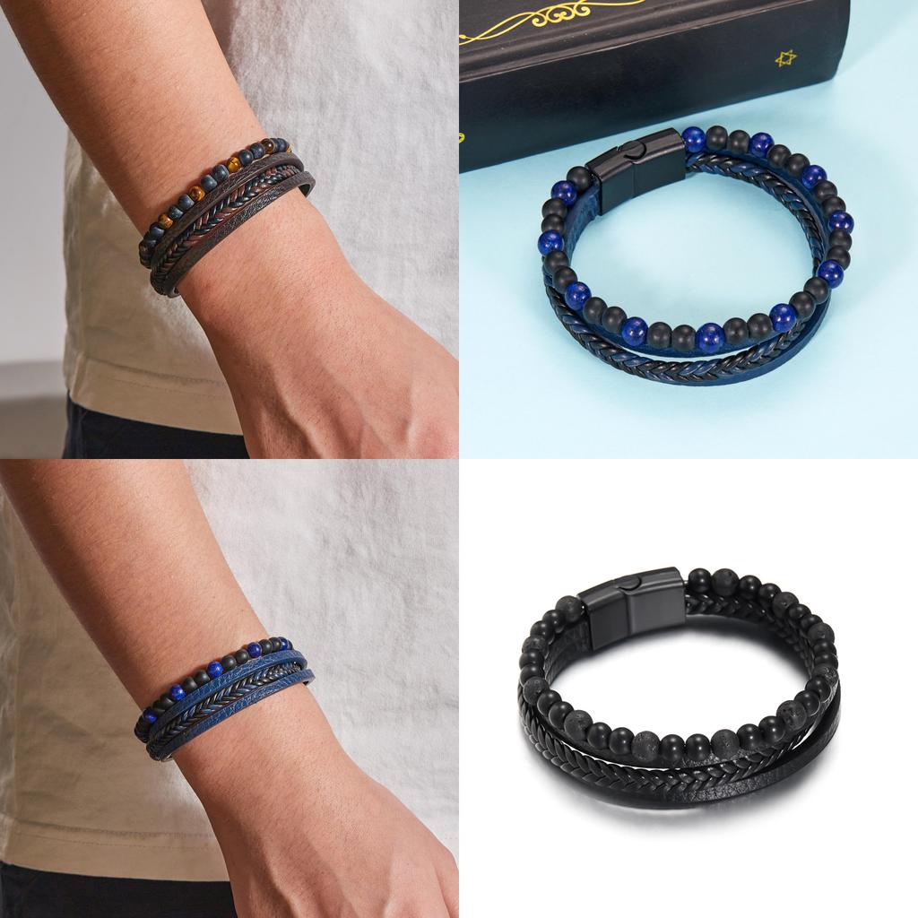 Geometric Style Mens Weaving Leather Wristband With Bead Design For Fashion And Travel