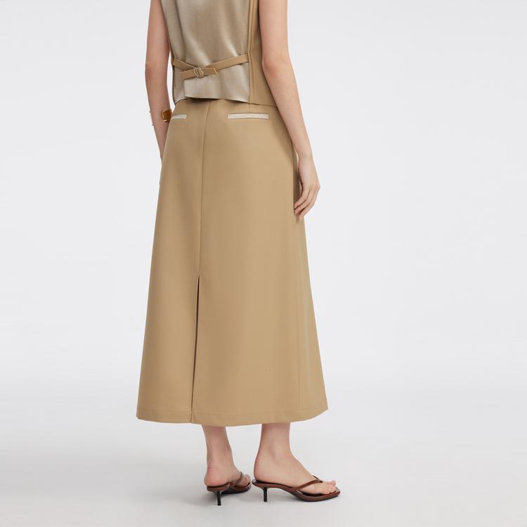 ELLE French Style Split Solid Color High Waist Midi A-Line Skirt Wool Casual Long Skirt Women skirts Light-Khaki ER50571