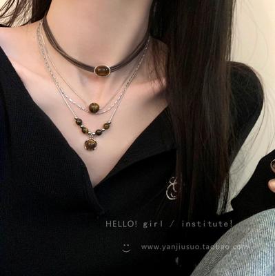 Retro Leather Tiger Eye Stone Necklace: Chinese-Style Choker for Women, Versatile Temperament Clavicle Chain Accessory