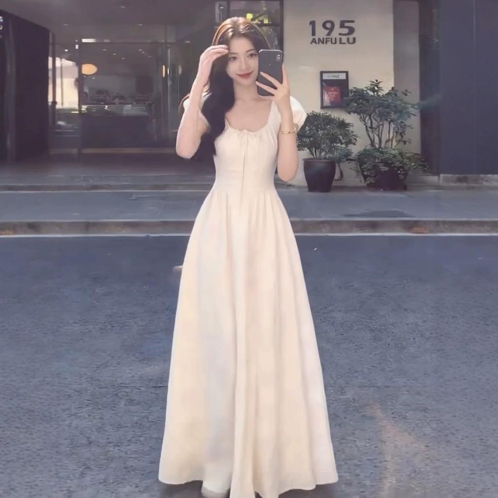 First Love white dress, French puff sleeve dress, women's summer new petite high-end long dress