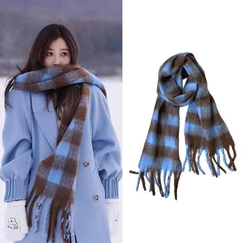 Winter Wool Scarf For Women Korean Black White Plaid Warm Scarves Thicken Warm Knitted Shawl Girls Neckerchief