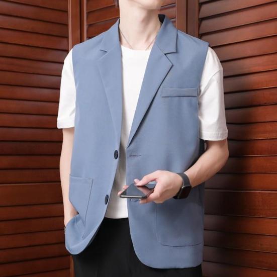 Men Suit Vest Lapel Sleeveless Two-Button Business Waistcoat Pockets with Side Placket Solid Color Casual Vest Coat