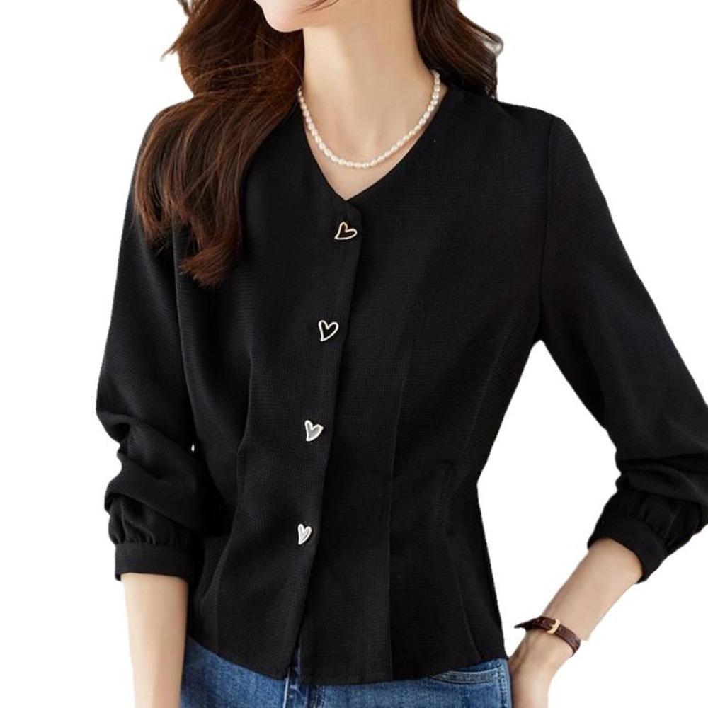 

Плиссированная черная блузка женская однотонная с длинным рукавом рубашка-оверсайз на пуговицах весна-осень L чёрный