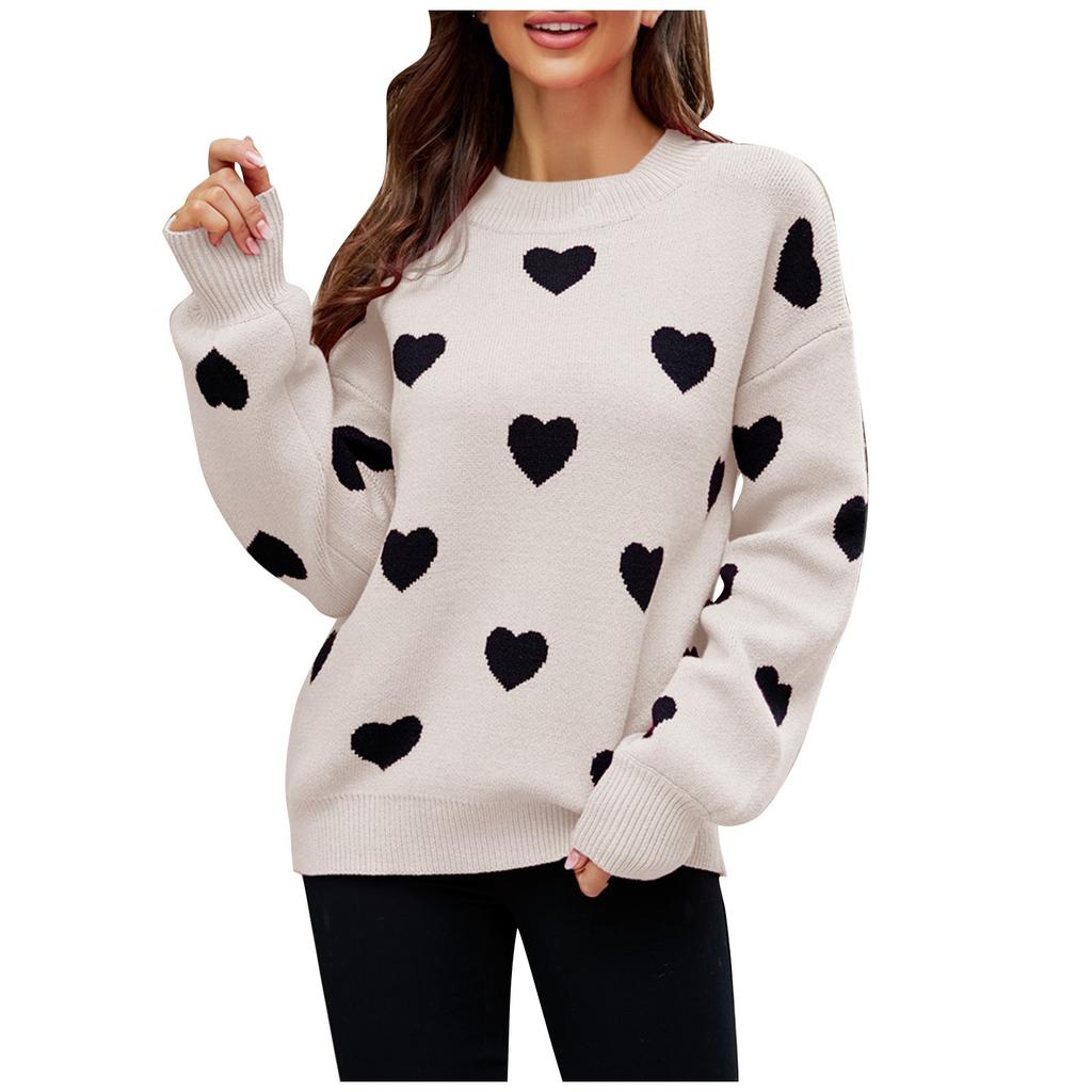 Women's Fashionable Round Neck Long Sleeved Color Blocked Love Casual Pullover Sweater Top