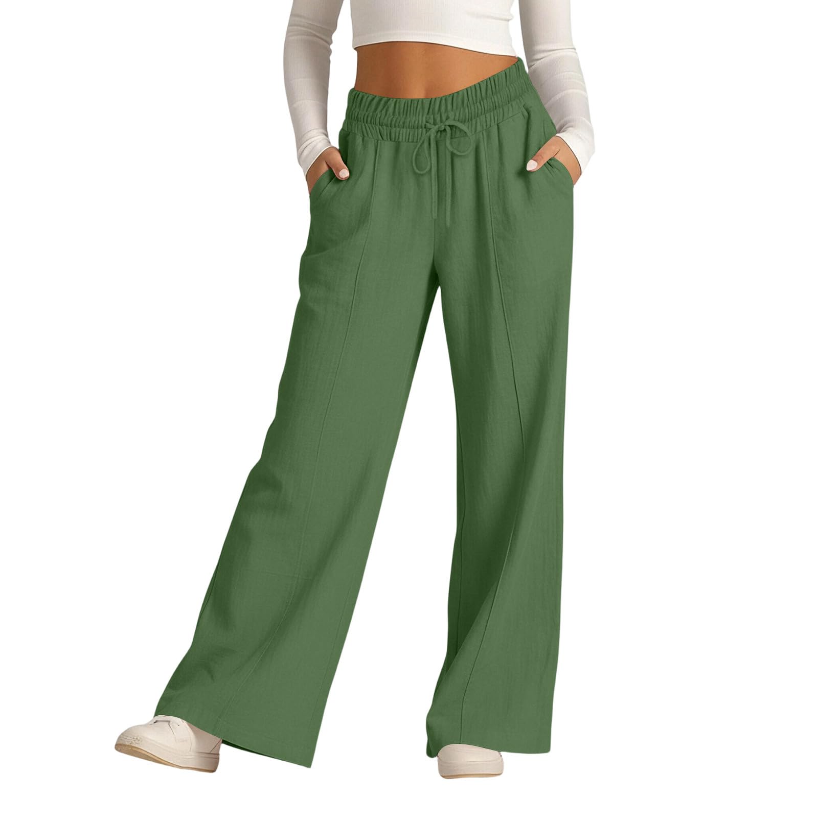 

Women Elastic High Waist Pant Casual Fit Wide Leg Long Pants Trousers With Pockets L зелёный
