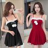 New Christmas Party Bunny Hairy Collar Off-the-Shoulder Bow Red Slim Suspender Dress