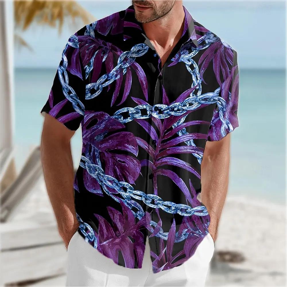 

Men s Summer Short Sleeved Casual Street Fashion Lapel Shirt Top Hawaii Vacation Beach Shirt 5XL фіолетовий