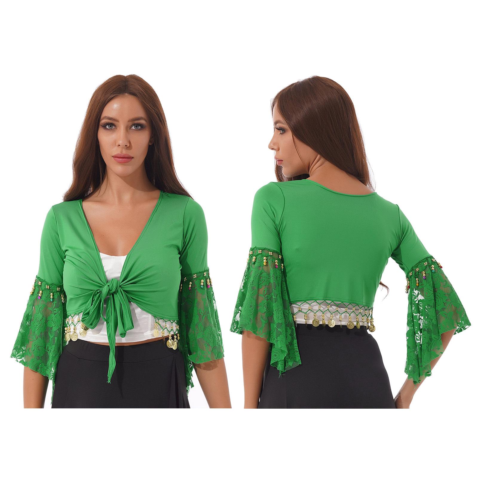 

Жіночий костюм для танцю живота, мереживний клаптевий костюм з розкльошеними рукавами, дзвіночками, китицями, шаль, укорочений топ, кардиган XL зелений