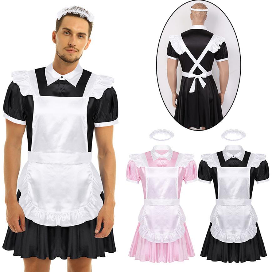 Men's Frilly Satin Flutter Sissy French Maid Dress Costume Crossdress Nightwear Pajamas