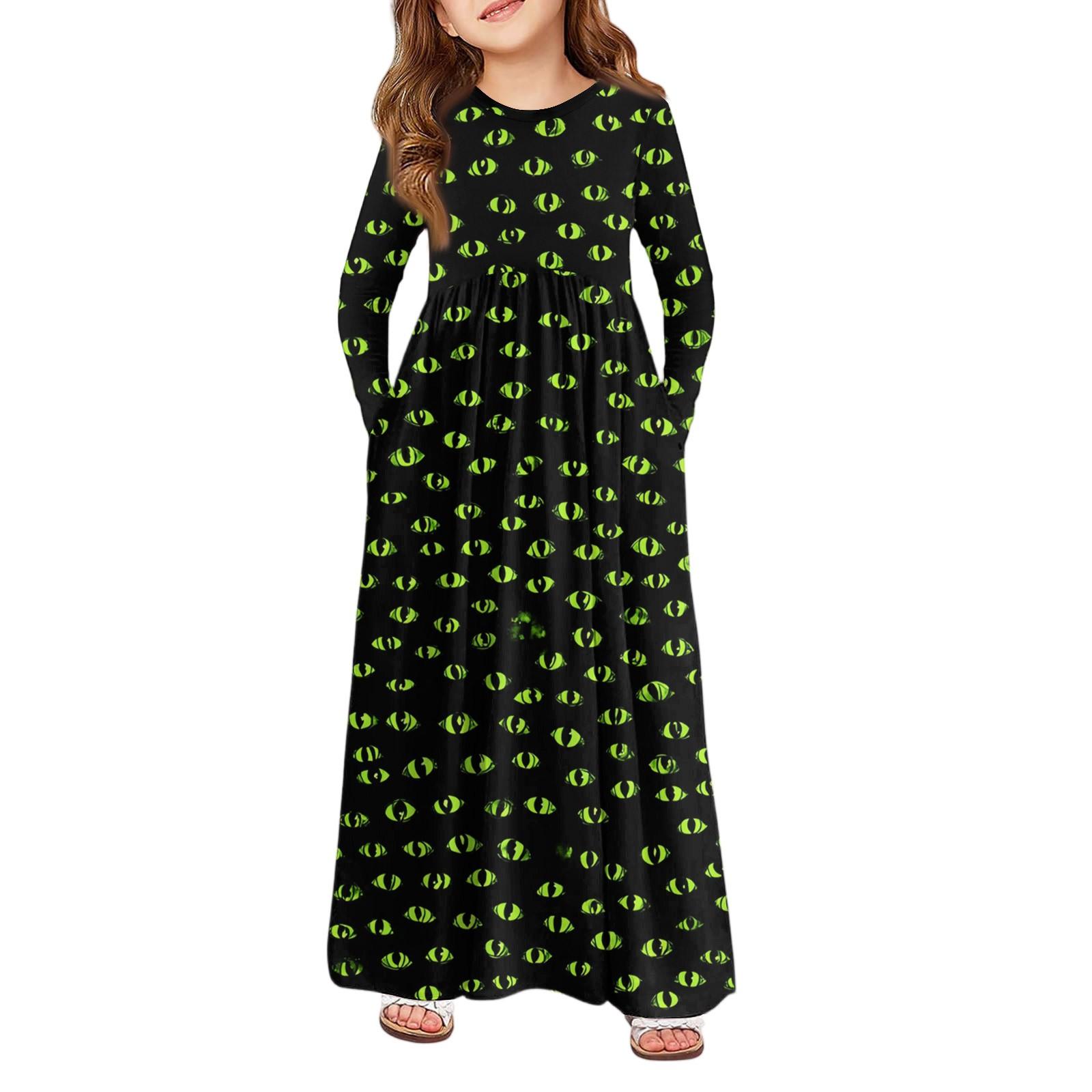 

Girls Maxi Dress Halloween Day- Long Sleeve Pocket Dress 160 зелений
