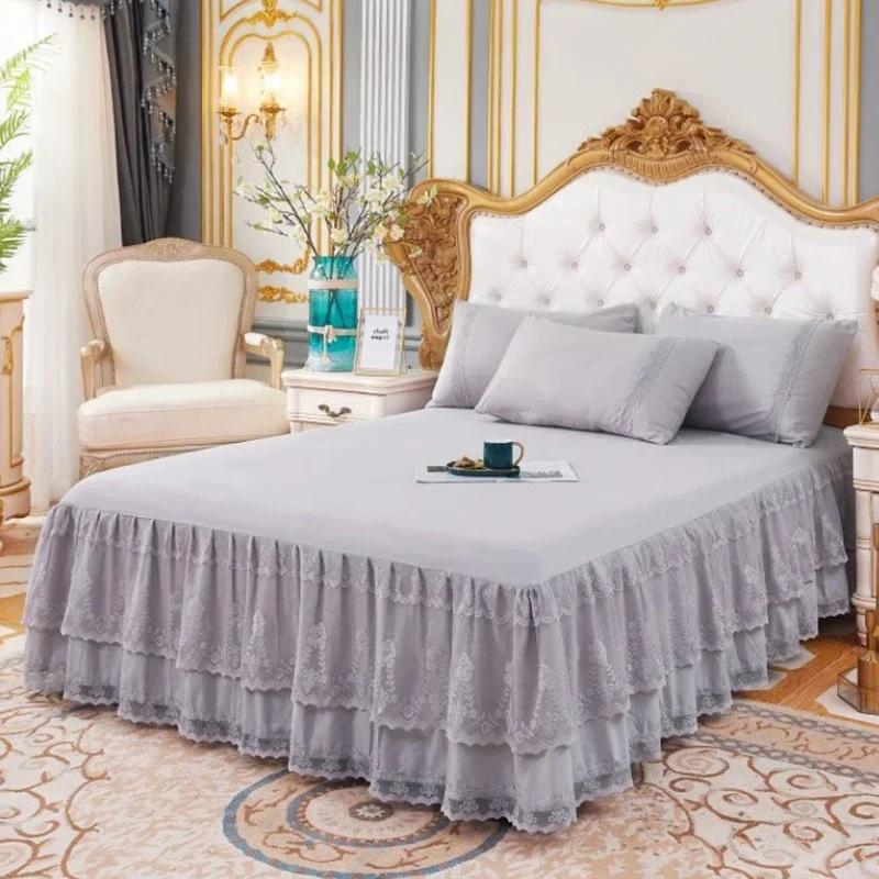 New 3 Layers   Lace Ruffled Bed Skirt Couvre Lit Bedroom Bed Cover Bed Skirt Non-slip Mattress Cover Bedsheet Bedspread