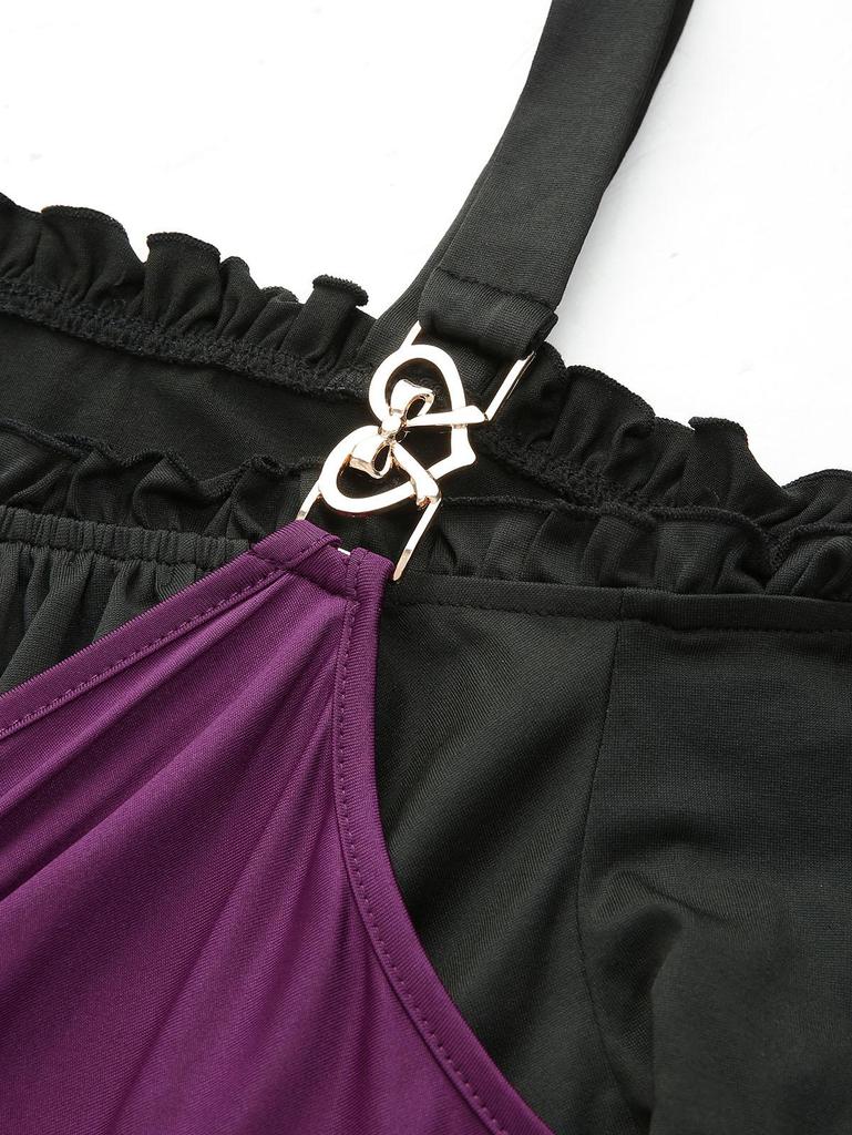 Rosegal Pluss Størrelse Flare Ermer Snøring Blondekant Tofarget Lagdelt Vintage A-linjekjole